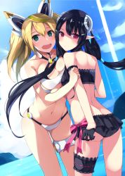 2girls :d anette_(pso2) ass asymmetrical_docking back bad_id bad_pixiv_id bare_shoulders bikini black_bikini black_hair blonde_hair blue_sky blush breast_press breasts cleavage closed_mouth cloud collarbone day expressionless frills gene_(pso2) green_hair hair_ornament hair_tie hairclip headgear highres kurebayashi_noe leaning_back frilled_thigh_strap long_hair looking_at_viewer looking_back low_twintails medium_breasts multicolored_hair multiple_girls navel ocean open_mouth outdoors phantasy_star phantasy_star_online_2 pink_eyes pointy_ears round_teeth sky smile standing stomach streaked_hair summer swimsuit teeth thigh_strap twintails water white_bikini