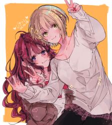 2girls ahoge amane_(7783) black_pantyhose blonde_hair bow bowtie brown_cardigan cardigan commentary dated double_v ichinose_shiki idolmaster idolmaster_cinderella_girls long_hair long_sleeves looking_at_viewer miyamoto_frederica multiple_girls nail_polish pantyhose plaid_clothes plaid_skirt red_bow red_bowtie red_hair red_nails red_skirt short_hair skirt smile sweater translated v white_sweater yellow_eyes