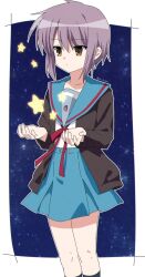 1girl black_socks blue_sailor_collar blue_skirt border brown_cardigan brown_eyes cardigan closed_mouth expressionless highres imamiyajet kita_high_school_uniform kneehighs legs long_sleeves nagato_yuki night night_sky open_cardigan open_clothes outside_border purple_hair red_ribbon ribbon sailor_collar school_uniform serafuku short_hair skirt sky socks solo standing star_(sky) star_(symbol) starry_sky suzumiya_haruhi_no_yuuutsu white_border winter_uniform
