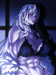 1girl black_hair black_panties bra breasts choker cleavage coat covered_erect_nipples earrings fur_coat glowing glowing_eyes goddess_of_victory:_nikke huge_breasts jewelry large_breasts lingerie long_hair looking_at_viewer multicolored_hair navel panties piercing red_eyes rosanna_(nikke) solo split-color_hair two-tone_hair underwear white_coat white_fur white_hair zinfian
