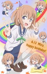 ! 1girl arms_behind_back birthday blue_sailor_collar blue_skirt blush character_name chibi closed_eyes collarbone dated dot_nose double_v english_text female_focus full_body hair_between_eyes hair_ornament happy happy_birthday hat koisuru_asteroid konohata_mira long_sleeves looking_at_viewer multicolored_eyes musical_note no_shoes open_mouth orange_hair party_hat qb_(qb46311027) rainbow sailor_collar school_uniform serafuku shirt shoes short_hair short_sleeves sitting skirt socks solo squatting star_(symbol) star_hair_ornament v white_shirt