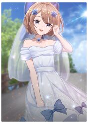 1girl absurdres blanc_(neptunia) blue_ribbon blurry blurry_background bob_cut bridal_veil brown_hair choker circlet collarbone commentary dress english_commentary flat_chest flower grey_eyes hair_flower hair_ornament hair_ribbon happy highres letterboxed looking_at_viewer neptune_(series) open_mouth ribbon short_hair solo strapless strapless_dress veil wedding_dress xueli_shimazaki