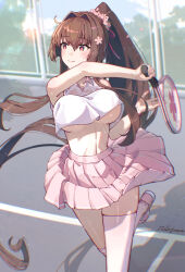 Rule 34 | 1girl, breasts, brown eyes, brown hair, chain-link fence, collared shirt, commentary request, crop top, fence, flower, hair flower, hair ornament, highres, himeyamato, holding, holding racket, holding tennis racket, kantai collection, large breasts, long hair, pink skirt, pleated skirt, ponytail, racket, shirt, skirt, sleeveless, smile, sportswear, tennis, tennis court, tennis racket, tennis skirt, tennis uniform, thighhighs, underboob, very long hair, white thighhighs, yamato (kancolle)