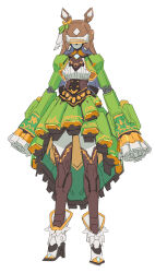 1girl absurdres animal_ears ascot black_ascot black_thighhighs breasts brown_hair center_frills commentary_request crossover dress frilled_dress frills full_body green_dress hair_between_eyes highres horse_ears horse_girl horse_tail long_hair long_sleeves looking_at_viewer mechanization medium_breasts multicolored_hair robot sarcophage satono_diamond_(umamusume) simple_background sleeves_past_fingers sleeves_past_wrists solo streaked_hair tail thighhighs umamusume very_long_hair virtual_on white_background white_footwear white_hair