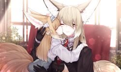 2girls absurdres animal_ear_fluff animal_ears arknights black_gloves black_jacket blonde_hair closed_eyes closed_mouth collared_shirt commentary dated_commentary facial_scar fox_ears fox_girl fox_tail frilled_hairband frills gloves green_hairband hairband highres indoors jacket kiss kissing_cheek kitsune kyuubi long_hair long_sleeves mother_and_daughter multiple_girls multiple_tails necktie official_alternate_costume one_eye_closed orange_eyes red_necktie samip scar scar_on_cheek scar_on_face shirt suzuran_(arknights) suzuran_(spring_praise)_(arknights) tail vulpisfoglia_(arknights) white_shirt