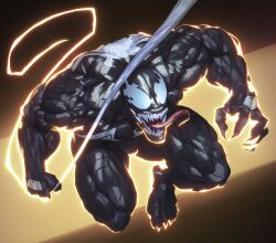 1boy absurdres adios bara claws commentary english_commentary facing_viewer fangs highres male_focus marvel marvel_rivals muscular muscular_male open_mouth silk spider-man_(series) spider_web tongue tongue_out venom_(marvel)