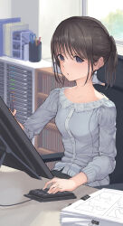 1girl absurdres black_eyes black_hair blush breasts cardigan collarbone commentary computer_keyboard drawing_tablet glaring grey_cardigan highres holding holding_stylus indoors looking_at_viewer office_lady original parted_lips ponytail short_hair sitting small_breasts solo stylus yomoda_yomo