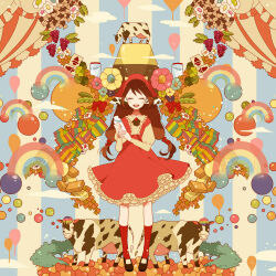 1girl animal balloon brown_hair closed_eyes cow dress drink flower food fruit grapes happy hat heart long_hair milk original petticoat rainbow red_dress shoes solo sunaya twintails