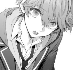 1boy akehoshi_subaru ensemble_stars! hair_between_eyes hatching_(texture) highres hood hoodie jacket linear_hatching looking_at_viewer maki_keigo male_focus open_clothes open_jacket open_mouth short_hair simple_background solo symbol_in_eye upper_body white_background