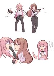 2girls bang_dream! bang_dream!_it&#039;s_mygo!!!!! black_necktie black_pants blush brown_hair chihaya_anon closed_eyes collared_shirt commentary_request english_text fang grey_eyes gun gun_in_mouth handgun highres holster long_hair long_sleeves middle_finger multiple_girls nagasaki_soyo necktie open_mouth pants pink_hair revolver shibadooog shirt simple_background speech_bubble spinning_gun spinning_weapon suppressor thigh_holster tongue tongue_out translation_request weapon white_background white_shirt
