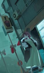 1girl absurdres black_jacket blush bocchi_the_rock! braid closed_eyes closed_mouth dress green_dress hands_in_pockets highres hiroi_kikuri jacket letterman_jacket looking_to_the_side pomp_(qhtjd0120) rain red_hair sandals single_bare_shoulder single_braid single_off_shoulder smile solo white_sleeves