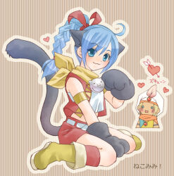 1boy 1girl :3 ahoge animal_ears animal_hands aqua_eyes arm_between_legs armlet arrow_through_heart bell blonde_hair blue_eyes blue_hair boots braid braided_ponytail cat_ears cat_girl cat_paws cat_tail commentary_request cropped_shirt dragon_quest dragon_quest_xi faris_(dq11) gem gold_armlet hair_ribbon hat_feather heart jewelry looking_at_viewer looking_to_the_side mame2013 maya_(dq11) neck_bell neckerchief necklace orange_scarf red_gemstone red_ribbon red_shorts red_socks red_vest ribbon scarf shirt shorts silver_armlet sitting socks striped_background tail translation_request turban vest wariza white_shirt yellow_boots yellow_neckerchief yellow_trim