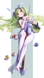 1girl absurdres animal_ear_headwear animal_ears ball between_thighs billiard_ball black_hat blue_leotard blue_shoes blush bow bowtie breasts cleavage closed_mouth commentary_request covered_navel creature cue_stick curry_bowl delutaya fake_animal_ears green_hair hair_ornament hair_spread_out hat highleg highleg_leotard highres holding_cue_stick indie_virtual_youtuber leotard long_hair looking_at_viewer lying medium_breasts multicolored_hair nail_polish on_back pantyhose peaked_cap pink_hair pink_nails playboy_bunny purple_bow purple_bowtie rabbit_ears red_eyes shoes simple_background single_shoe solo sparkle_earrings strapless strapless_leotard streaked_hair triangle_hair_ornament two_side_up unworn_shoe virtual_youtuber white_pantyhose white_wrist_cuffs wrist_cuffs