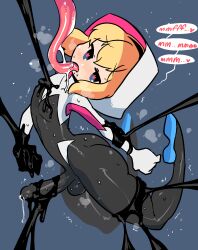 1boy 1girl ass blonde_hair blue_eyes blush covered_erect_nipples gwen_stacy heart heart_in_eye highres hood marvel nipples penis rariatto_(ganguri) she-venom skin_tight speech_bubble spider-gwen spider-man_(series) symbol_in_eye testicles tongue tongue_out trap venom_(marvel)