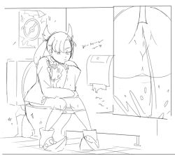1girl bathroom boots cleft_of_venus close-up dangerking11 dress earrings head_on_hand jacket jewelry long_hair long_sleeves looking_down marnie_(pokemon) monochrome nintendo panties panty_pull peeing pointy_footwear poke_ball pokemon pokemon_swsh poster_(medium) pussy shoes sitting toilet toilet_paper toilet_use twintails uncensored underwear