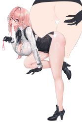 1girl absurdres ass black_footwear black_gloves black_shorts blush breasts cleavage dress_shirt full_body glasses gloves harin_05 high-waist_skirt high_heels highres looking_at_viewer multiple_views open_mouth pencil_skirt pink_eyes pink_hair pussy_juice shirt shorts sidelocks simple_background skirt sweatdrop thighs tsukishiro_yanagi white_background white_shirt zenless_zone_zero
