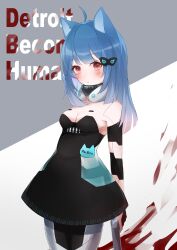 1girl absurdres alternate_costume alternate_eye_color android animal_ears black_dress blood blue_hair blush breasts circle_facial_mark cleavage closed_mouth commentary_request cowboy_shot detroit:_become_human dog_ears dog_girl dress expressionless highres irisu-chan_(yumemiruk) joints long_hair looking_at_viewer medium_breasts nanashi_inc. neck_brace orange_eyes robot_joints solo souya_ichika strapless strapless_dress virtual_youtuber