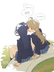 2girls black_socks blazer blue_hair blue_skirt blush bow brown_hair chinese_text dated ear_blush from_behind green_bow hair_bow hand_on_another&#039;s_hand highres jacket long_hair long_sleeves love_live! love_live!_school_idol_project minami_kotori minamip multiple_girls one_side_up open_mouth otonokizaka_school_uniform plaid_clothes plaid_skirt pleated_skirt school_uniform simple_background sitting skirt socks sonoda_umi translation_request white_background winter_uniform yellow_eyes yuri
