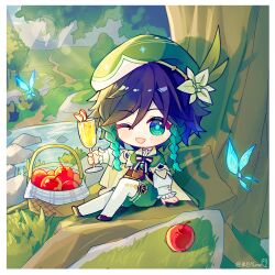 ;d apple basket beret blue_butterfly blush braided_sidelocks bug butterfly chibi commentary_request cup double-parted_bangs flower food frilled_sleeves frills fruit full_body genshin_impact gradient_eyes gradient_hair green_hat green_shorts hair_between_eyes hair_flower hair_ornament hat highres holding holding_cup insect looking_at_viewer mibai_yume multicolored_eyes multicolored_hair multicolored_shoes one_eye_closed open_mouth ribbon scenery shorts sitting sleeves_past_wrists smile two-tone_shoes venti_(genshin_impact)
