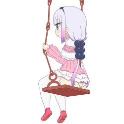 Rule 34 | 1girl, absurdres, alechon, ass, blue eyes, blush, butt crack, dress, hair bobbles, hair ornament, hairband, highres, kanna kamui, kobayashi-san chi no maidragon, long hair, microdress, on swing, open mouth, panties, purple hair, red footwear, simple background, solo, swing, thighhighs, thong, twintails, underwear, white background, white panties, white thighhighs
