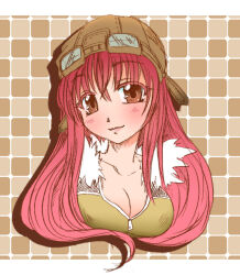 1girl blush breasts brown_background brown_eyes brown_shirt checkered_background cleavage closed_mouth commentary_request fur-trimmed_shirt fur_trim goggles goggles_on_head kamui_setsuna large_breasts long_hair looking_at_viewer pink_hair ragnarok_online shirt smile sniper_(ragnarok_online) solo upper_body zipper