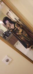 Rule 34 | 1girl, black hair, breasts, cellphone, cleavage, cosplay, fire emblem, goosaphone, highres, large breasts, legs, long hair, navel, navel piercing, nintendo, phone, piercing, see-through clothes, selfie, smartphone, solo, tharja (fire emblem), thighs, twintails