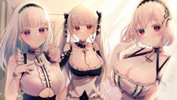 3girls absurdres anchor_choker azur_lane bare_shoulders black_dress black_hairband breasts center_frills choker cleavage clothing_cutout curtains dido_(azur_lane) dress earrings formidable_(azur_lane) frilled_choker frilled_dress frills grey_hair hair_ribbon hairband highres indoors jewelry junineu large_breasts long_hair looking_at_viewer multiple_girls puffy_short_sleeves puffy_sleeves purple_eyes red_eyes ribbon see-through_curtains short_hair short_sleeves shoulder_cutout sirius_(azur_lane) sleeveless two-tone_dress two-tone_ribbon underboob underboob_cutout upper_body very_long_hair white_hair