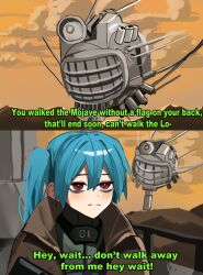 1girl armor blue_eyes cloud duster ed-e english_text eyebot fallout gun hatsune_miku highres long_hair mountain mykokampfwagen red_eyes rifle robot twintails vocaloid weapon