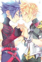 Rule 34 | 2boys, adapted costume, alternate costume, armor, asymmetrical armor, bare shoulders, belt, black hair, black pants, black shirt, blonde hair, checkered clothes, closed eyes, collared shirt, commentary request, dated commentary, detached sleeves, fingerless gloves, forehead-to-forehead, gloves, hand on another&#039;s hip, heads together, holding hands, jacket, kingdom hearts, kouki (ko ki 9), light smile, male focus, multicolored jacket, multiple boys, pants, parted lips, red belt, shirt, short hair, shoulder armor, simple background, spiked hair, upper body, vanitas (kingdom hearts), ventus (kingdom hearts), white background, wristband