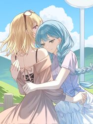 2girls bang_dream! bang_dream!_it&#039;s_mygo!!!!! blonde_hair blue_hair blue_sky blush braid chinese_commentary closed_mouth cloud commentary_request day dress grey_dress highres hug jilanzhijing long_hair medium_hair misumi_uika multiple_girls off-shoulder_dress off_shoulder outdoors purple_eyes purple_shirt shirt short_sleeves skirt sky smile togawa_sakiko twin_braids white_skirt yellow_eyes yuri
