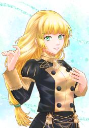 Rule 34 | 1girl, blonde hair, blunt bangs, braid, fire emblem, fire emblem: three houses, garreg mach monastery uniform, green eyes, highres, ingrid brandl galatea, juliet sleeves, long hair, long sleeves, looking at viewer, nintendo, puffy sleeves, single braid, smile, solo, upper body, wai power