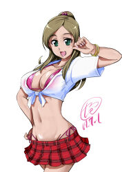 1girl amesuku_gyaru blonde_hair bra breasts cleavage green_eyes gyaru highres kogal large_breasts looking_at_viewer microskirt minamino_kanade miniskirt open_mouth precure skirt smile solo suite_precure tamo_(nama-yatsuhashi) thong underwear