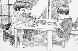 1boy 2girls :t barefoot chair child commentary_request cup eating food food_on_face fork hatching_(texture) linear_hatching long_sleeves monochrome multiple_girls nashika_t original pants plate print_shirt shirt short_hair short_sleeves shorts sitting table window