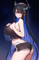 1girl ass asymmetrical_horns black_camisole black_hair black_horns blue_hair blush breasts camisole colored_inner_hair commentary demon_horns dolphin_shorts english_commentary from_side hair_ornament highleg highleg_panties highres hololive hololive_english horns kaptivate large_breasts long_hair looking_at_viewer mole mole_under_eye multicolored_hair nerissa_ravencroft panties panty_straps red_eyes see-through_silhouette shorts smile solo thighs underwear very_long_hair virtual_youtuber