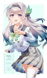 1girl blue_skirt bow breasts firefly_(honkai:_star_rail) firefly_(spring_missive)_(honkai:_star_rail) green_bow grey_hair hairband high-waist_skirt highres honkai:_star_rail honkai_(series) long_hair long_sleeves looking_at_viewer medium_breasts nagi_(marthmoka) open_mouth purple_eyes school_uniform shirt skirt smile solo standing thighhighs very_long_hair white_background white_shirt white_thighhighs