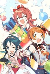 3girls ahoge ap_bar bare_shoulders belt blue_hair blue_skirt blush cannon closed_eyes fang flower hair_between_eyes hairband highres holding holding_flower idol idolmaster idolmaster_cinderella_girls idolmaster_million_live! idolmaster_poplinks idolmaster_shiny_colors komiya_kaho long_hair looking_at_viewer multiple_girls nanjo_hikaru navel necktie off_shoulder ogami_tamaki one_eye_closed open_mouth orange_hair red_hair skirt smile suspender_skirt suspenders trait_connection