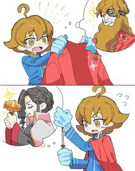 :d ace_attorney ace_attorney_investigations ace_attorney_investigations_2:_prosecutor&#039;s_gambit ahoge badge black_hair blue_gloves braid brown_eyes brown_hair chibi conductor_baton eustace_winner excelcius_winner facial_hair gloves goggles hammer highres holding holding_baton holding_hammer holding_jacket holding_unworn_clothes jacket jacket_on_shoulders male_focus open_mouth pose_imitation red_jacket school_uniform smile speech_bubble themis_legal_academy_school_uniform thought_bubble unworn_jacket verity_gavelle wktmqtj