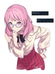 1girl alternate_costume bang_dream! dress feet_out_of_frame glasses highres kanade_(kanade_3344) long_hair maruyama_aya pink_eyes pink_hair simple_background smile solo white_background