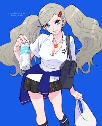 1girl arm_up blonde_hair blue_background blue_eyes blush bottle breasts cleavage collarbone collared_shirt english_text hair_ornament hairclip highres jewelry large_breasts long_hair looking_at_viewer medium_breasts oui_zen pendant persona persona_5 pleated_skirt shirt simple_background skirt solo takamaki_anne twintails twitter_username water_bottle white_shirt
