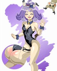 1girl acerola_(pokemon) aged_up alternate_costume animal_ears ass black_leotard blue_collar blue_wrist_cuffs blush breasts closed_eyes collar collarbone creatures_(company) detached_collar eyebrows eyelashes facing_viewer fake_animal_ears fake_tail feet_out_of_frame female_focus foot_up game_freak gen_1_pokemon gen_7_pokemon gengar hands_up leotard medium_hair mimikyu mimikyu_(cosplay) multiple_views nintendo open_mouth outstretched_hand petite playboy_bunny pokemon pokemon_sm purple_background purple_hair schlumper simple_background small_breasts smile solo standing standing_on_one_leg strapless strapless_leotard tail thigh_strap thighs two-tone_background white_background wrist_cuffs