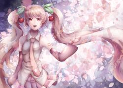 1girl :d absurdres arm_tattoo breasts cherry_blossoms cherry_hair_ornament collared_shirt detached_sleeves food-themed_hair_ornament hair_ornament hatsune_miku highres kozou_kazaru long_sleeves looking_at_viewer necktie number_tattoo open_mouth petals pink_eyes pink_hair pink_necktie pink_skirt pink_sleeves pleated_skirt sakura_miku shirt skirt sleeveless sleeveless_shirt smile solo tattoo teeth tie_clip tongue upper_teeth_only vocaloid white_shirt