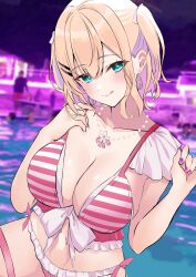 1girl :q absurdres bikini blonde_hair breasts cleavage collarbone colored_inner_hair earrings frilled_bikini frills green_eyes hair_ornament hairpin head_tilt highres jewelry kurumi_noah kurumi_noah_(summer_c102) large_breasts looking_at_viewer multicolored_hair nakano_kura navel necklace pink_bikini pool purple_hair purple_nails side-tie_bikini_bottom solo striped_bikini striped_clothes swimsuit thigh_strap tongue tongue_out two_side_up virtual_youtuber vspo!