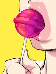 2girls breasts candy encasement female_focus food highres kiyoshi2431 lips lollipop mini_person minigirl multiple_girls nail_polish nude object_insertion open_mouth original pink_nails pussy scared simple_background tongue vaginal vaginal_object_insertion vore yellow_background