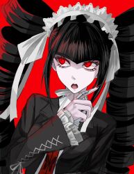 1girl :o black_hair black_jacket black_nails breasts celestia_ludenberg danganronpa:_trigger_happy_havoc danganronpa_(series) drill_hair highres jacket long_hair long_sleeves medium_breasts nail_polish necktie niwa_(niwaniwa_28) red_background red_eyes red_necktie ribbon shirt sidelocks solo teeth tongue twin_drills twintails upper_teeth_only white_shirt