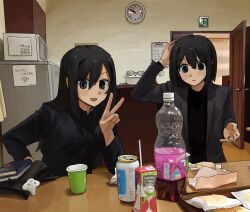2girls beer_can black_eyes black_hair black_jacket black_shirt book can charm_(object) clock cup disposable_cup door drink_can exit_sign hand_in_own_hair hand_up highres indoors jacket juice_carton long_hair long_sleeves looking_at_viewer microwave multiple_girls obon_(ensoku_300en) open_clothes open_jacket original plastic_bottle refrigerator shirt v wall_clock