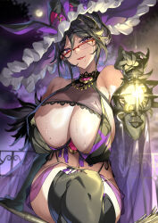 1girl absurdres animal_ears bare_shoulders black_gloves black_thighhighs blush breasts bunnystein_fantasy closed_mouth elbow_gloves fake_animal_ears full_moon glasses gloves hair_between_eyes highres holding holding_lantern huge_breasts lantern large_hat lipstick looking_at_viewer makeup mizuki_(bunnystein_fantasy) mole mole_on_breast mole_under_mouth moon original outdoors purple_eyes purple_headwear rabbit_ears red-framed_eyewear red_lips see-through_clothes semi-rimless_eyewear senri_gan smile solo sweat thick_thighs thighhighs thighs