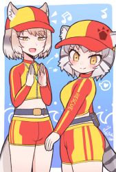 Rule 34 | 2girls, :d, alternate costume, animal ear fluff, animal ears, baseball cap, belt, blush, brown hair, cat ears, cat girl, cat tail, clapping, crop top, ears through headwear, fox ears, fox girl, fox tail, grey hair, hat, kemono friends, kemono friends 3, kitsunetsuki itsuki, lifeguard, long sleeves, matching outfits, multicolored hair, multiple girls, open mouth, pallas&#039;s cat (kemono friends), short hair, short shorts, shorts, smile, swimsuit, tail, tibetan fox (kemono friends), yellow eyes