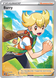 1boy :d artist_name barry_(pokemon) blonde_hair blue_sky brown_bag card_(medium) character_name clenched_hands cloud company_name copyright_name copyright_notice day english_text grass green_scarf grey_pants male_focus mountainous_horizon nintendo nishida_yuu official_art open_mouth orange_eyes orange_shirt outdoors pants pokemon pokemon_card pokemon_dppt pokemon_tcg poketch scarf shirt short_hair short_sleeves sky smile solo striped_clothes striped_shirt third-party_source trading_card tree two-tone_shirt watch white_shirt wristwatch