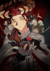 1boy alcohol black_hair cloak cup curly_hair dante_alighieri_(fate) drinking_glass fate/grand_order fate_(series) floating_crown flower gloves grey_eyes guiyuchen21490 hair_over_shoulder hair_ribbon highres holding holding_cup laurel_crown long_sleeves looking_at_viewer male_focus medium_hair multicolored_hair ponytail red_hair ribbon shirt smile solo two-tone_hair upper_body white_cloak wine wine_glass