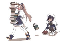 2girls ahoge anco_(platanity) ankle_boots beret black_pantyhose blue_dress blue_hair blue_ribbon book book_stack boots brown_hair capelet carrying closed_eyes crossed_bangs double-parted_bangs dress gloves hair_between_eyes hair_intakes hair_ribbon hat high_heels highres holding holding_book hololive hololive_english long_hair multicolored_hair multiple_girls nanashi_mumei official_alternate_costume ouro_kronii pantyhose picking_up ponytail ribbon short_hair streaked_hair tearing_up very_long_hair virtual_youtuber white_capelet white_gloves white_headwear white_pantyhose white_trim yawning
